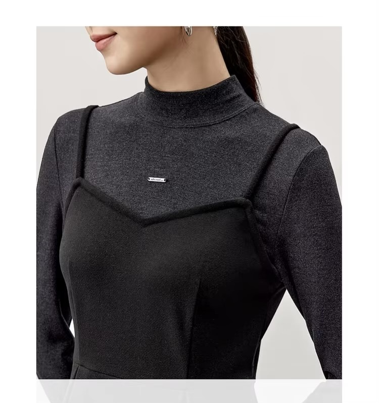 2-in-1 Knitted Dress    Women’s Elegant half high mockneck collar and square neck  A-line spaghetti straps long sleeves fitted black knit style for woman Winter warm womens Nico And… Letter metal pin mid-calf long midi Dresses Petite-, tall-, plus-, size #144L57169