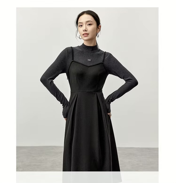 2-in-1 Knitted Dress    Women’s Elegant half high mockneck collar and square neck  A-line spaghetti straps long sleeves fitted black knit style for woman Winter warm womens Nico And… Letter metal pin mid-calf long midi Dresses Petite-, tall-, plus-, size #144L57169