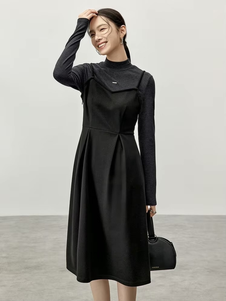 2-in-1 Knitted Dress    Women’s Elegant half high mockneck collar and square neck  A-line spaghetti straps long sleeves fitted black knit style for woman Winter warm womens Nico And… Letter metal pin mid-calf long midi Dresses Petite-, tall-, plus-, size #144L57169