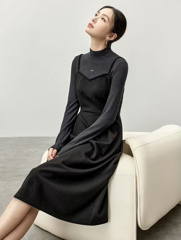 2-in-1 Knitted Dress    Women’s Elegant half high mockneck collar and square neck  A-line spaghetti straps long sleeves fitted black knit style for woman Winter warm womens Nico And… Letter metal pin mid-calf long midi Dresses Petite-, tall-, plus-, size #144L57169