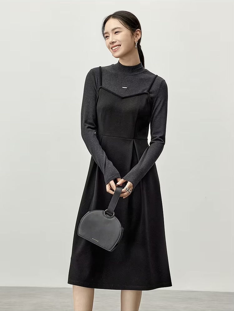 2-in-1 Knitted Dress    Women’s Elegant half high mockneck collar and square neck  A-line spaghetti straps long sleeves fitted black knit style for woman Winter warm womens Nico And… Letter metal pin mid-calf long midi Dresses Petite-, tall-, plus-, size #144L57169