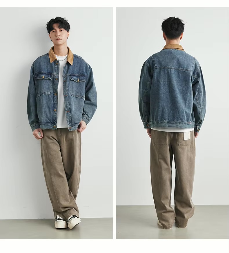 Men’s man mens petite-, tall-, plus-, size Spring Summer Fall Autumn American Vintage Casual Slim Fit Workwear Distressed Old Washed Jeans cotton denim Jacket Tops Outerwear outdoor camping Outwear Jackets in blue with tan accent color