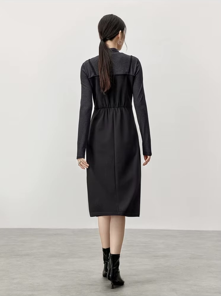 2-in-1 Knitted Dress    Women’s Elegant half high mockneck collar and square neck  A-line spaghetti straps long sleeves fitted black knit style for woman Winter warm womens Nico And… Letter metal pin mid-calf long midi Dresses Petite-, tall-, plus-, size #144L57169