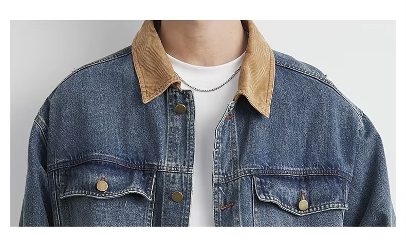 Men’s man mens petite-, tall-, plus-, size Spring Summer Fall Autumn American Vintage Casual Slim Fit Workwear Distressed Old Washed Jeans cotton denim Jacket Tops Outerwear outdoor camping Outwear Jackets in blue with tan accent color