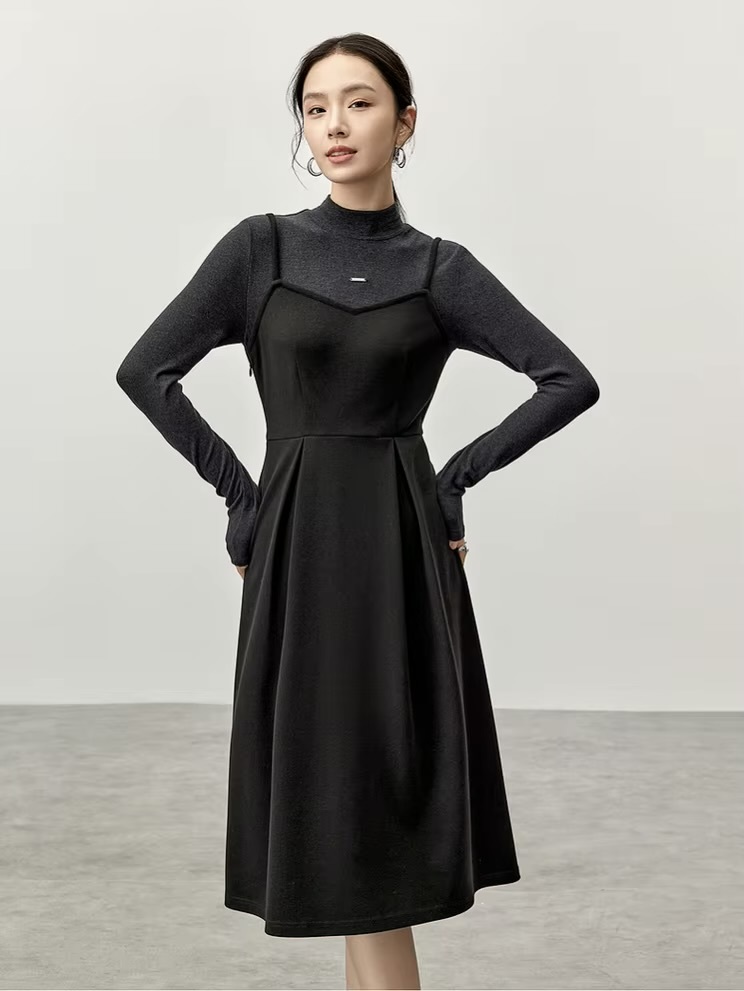 2-in-1 Knitted Dress    Women’s Elegant half high mockneck collar and square neck  A-line spaghetti straps long sleeves fitted black knit style for woman Winter warm womens Nico And… Letter metal pin mid-calf long midi Dresses Petite-, tall-, plus-, size #144L57169