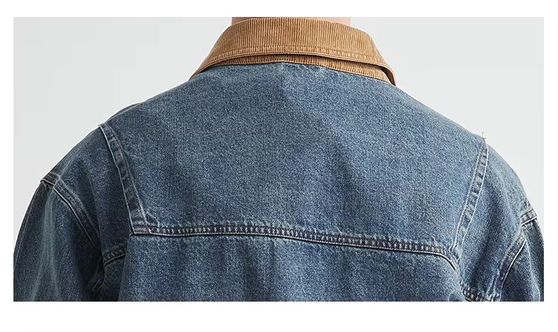 Men’s man mens petite-, tall-, plus-, size Spring Summer Fall Autumn American Vintage Casual Slim Fit Workwear Distressed Old Washed Jeans cotton denim Jacket Tops Outerwear outdoor camping Outwear Jackets in blue with tan accent color