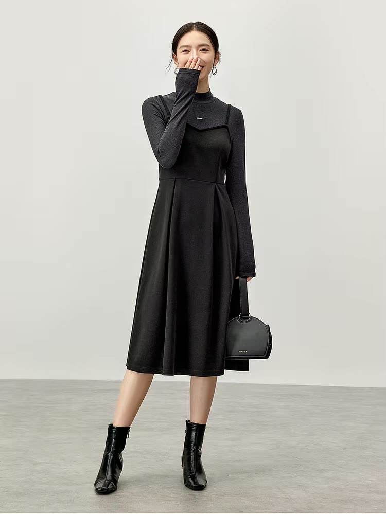 2-in-1 Knitted Dress    Women’s Elegant half high mockneck collar and square neck  A-line spaghetti straps long sleeves fitted black knit style for woman Winter warm womens Nico And… Letter metal pin mid-calf long midi Dresses Petite-, tall-, plus-, size #144L57169