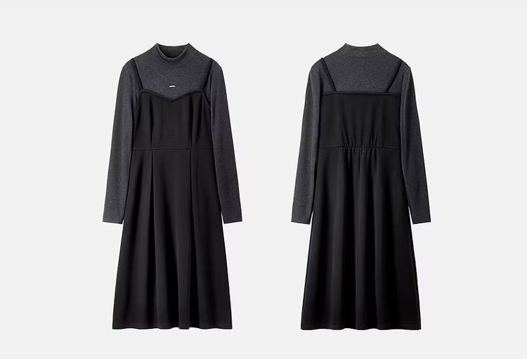 2-in-1 Knitted Dress    Women’s Elegant half high mockneck collar and square neck  A-line spaghetti straps long sleeves fitted black knit style for woman Winter warm womens Nico And… Letter metal pin mid-calf long midi Dresses Petite-, tall-, plus-, size #144L57169