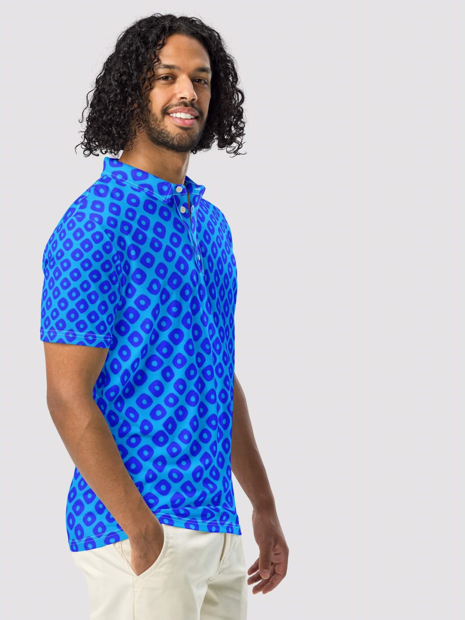 Slim Fit Polo Shirt    Cool Men’s Summer Regular Classic short sleeves button-up turn-down collar Tees for man in deep sky blue geometric dots pattern Male Solid Color Logo T-shirts Brand Shirts Mens petite-, tall-  plus-, size Tops