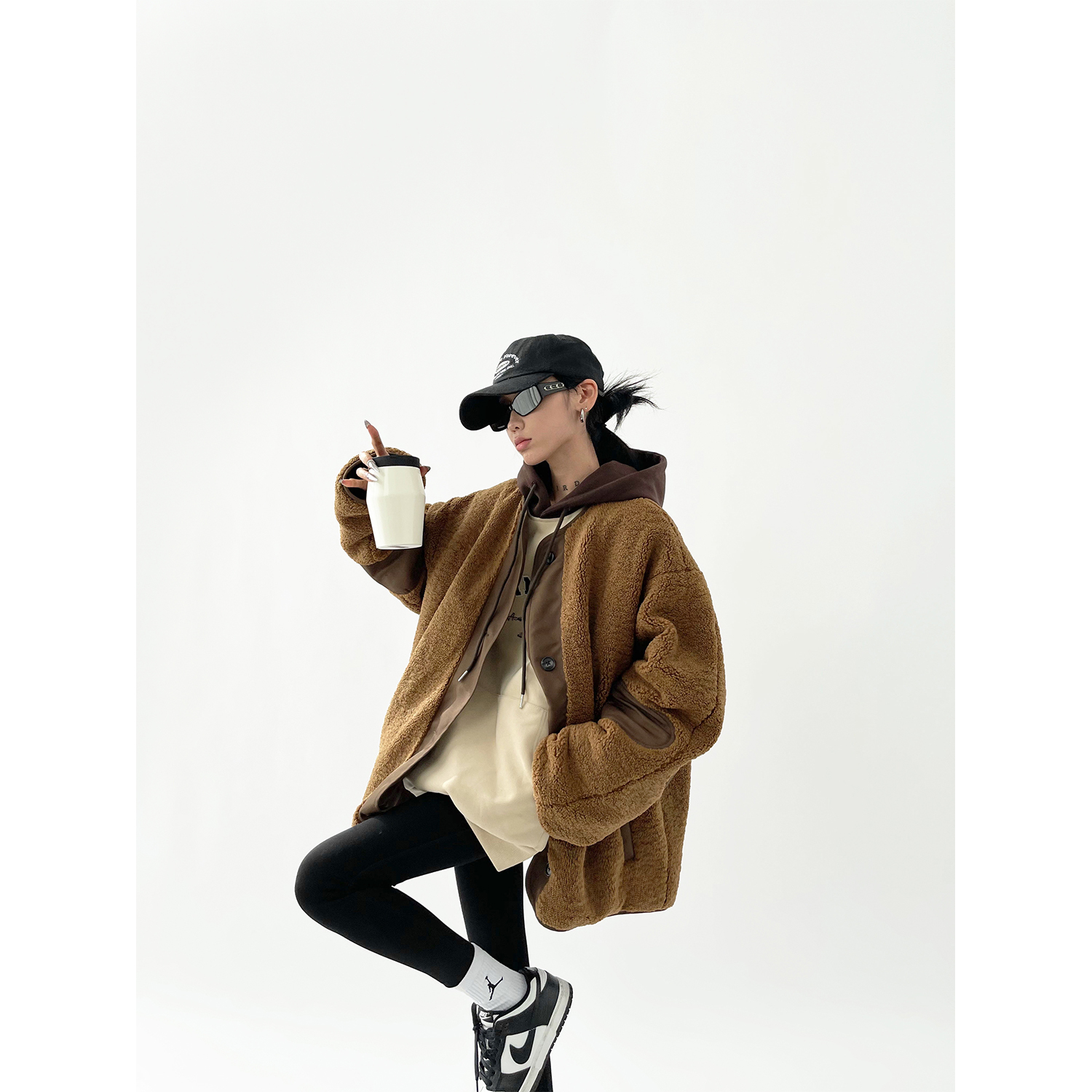 Reversible Woolen Bomber Jacket  miteigi Women's Two Sides Wear Lambs Wool Coats Thickening Cotton-Padded Korean Casual Jackets for woman in coffee brown Winter womens outerwear