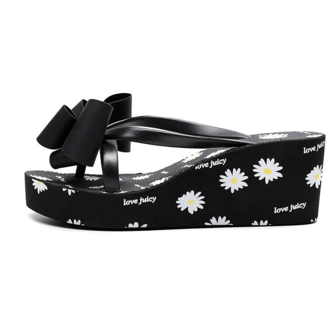 Daisy Bow Flip Flops  Women’s Elegant beautiful tide outer wear slope daisies sandals slippers beach vacation non-slip waterproof Increase 6cm High Heel Vacation Getaway Beachwear Holiday Petite Plus Size Footwear for Woman in Black