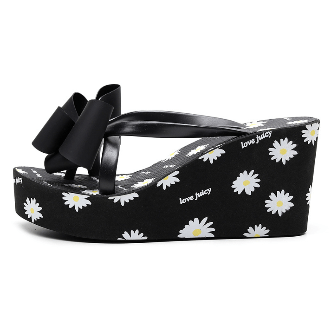 Daisy Bow Flip Flops  Women’s Elegant beautiful tide outer wear slope daisies sandals slippers beach vacation non-slip waterproof Increase 8cm High Heel Vacation Getaway Beachwear Holiday Petite Plus Size Footwear for Woman in Black