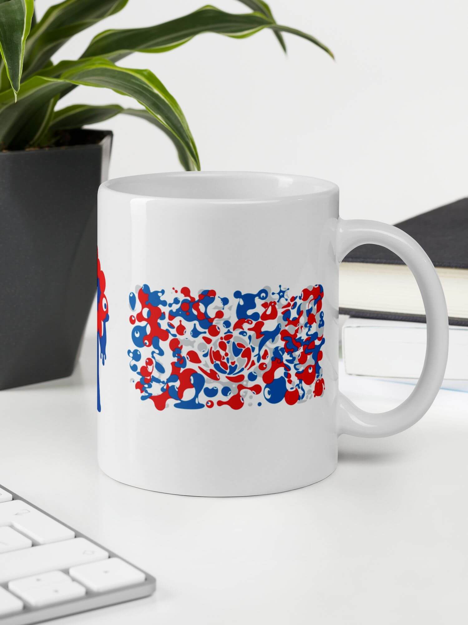 Osaka Expo 2025 Mug        Japanese graphic elements Myaku-Myaku character Branded product item drinks cup coffee, tea, juice, milk drinking cups ceramics in white with red blue characters logo motif design pattern Ceramic Anime Gifts Kansai Japan manga souvenirs mugs