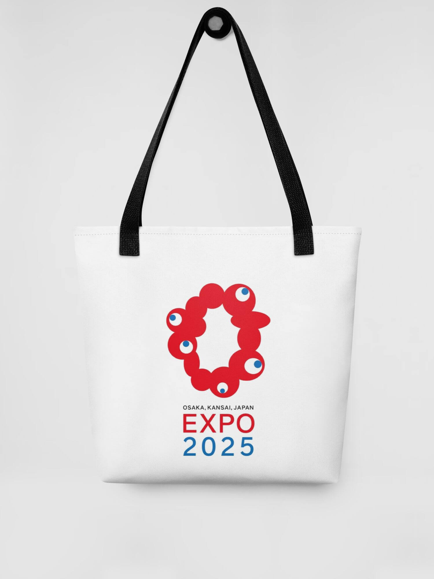 Osaka Expo 2025 Kansai Japan Tote Bag        Japanese graphic elements Myaku-Myaku character Branded product item Beach travel vacation holiday getaway everyday use luggage baggage Kansai Japan bags in white with red blue characters logo design souvenirs