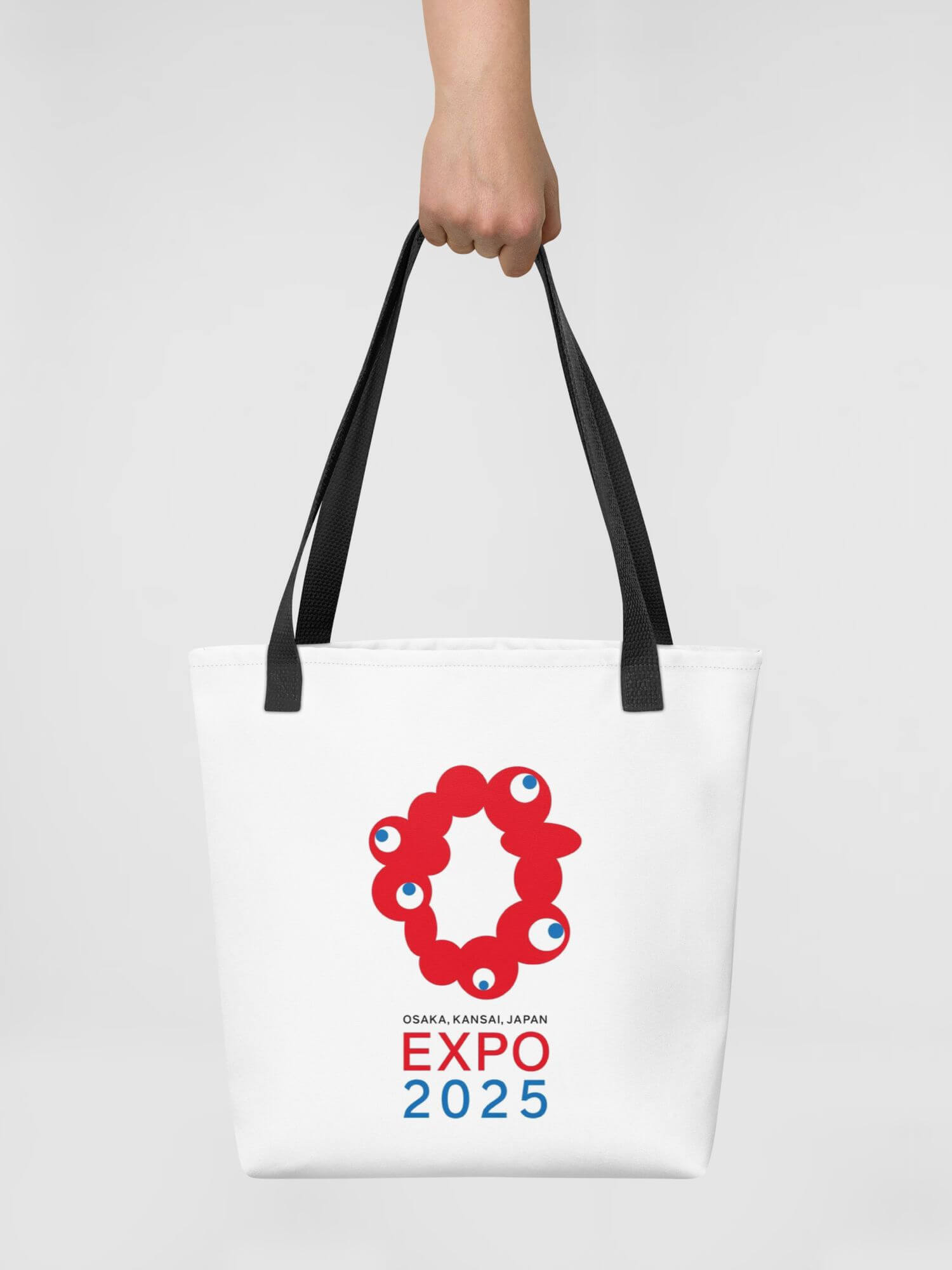 Osaka Expo 2025 Kansai Japan Tote Bag        Japanese graphic elements Myaku-Myaku character Branded product item Beach travel vacation holiday getaway everyday use luggage baggage Kansai Japan bags in white with red blue characters logo design souvenirs