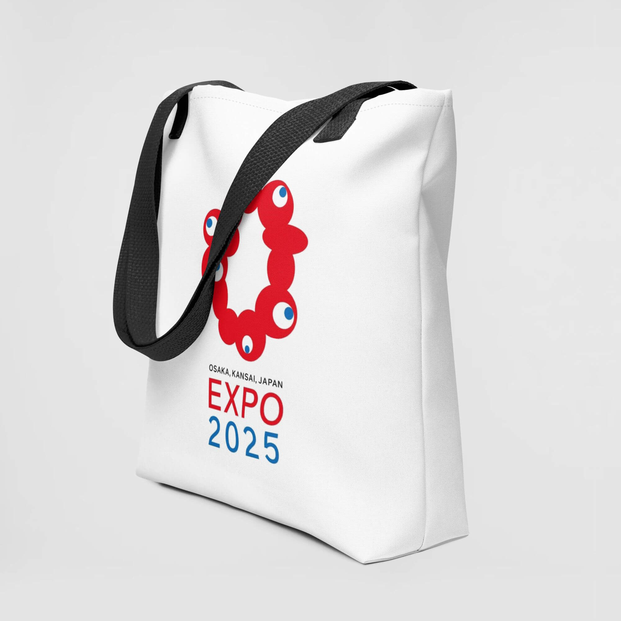 Osaka Expo 2025 Kansai Japan Tote Bag        Japanese graphic elements Myaku-Myaku character Branded product item Beach travel vacation holiday getaway everyday use luggage baggage Kansai Japan bags in white with red blue characters logo design souvenirs