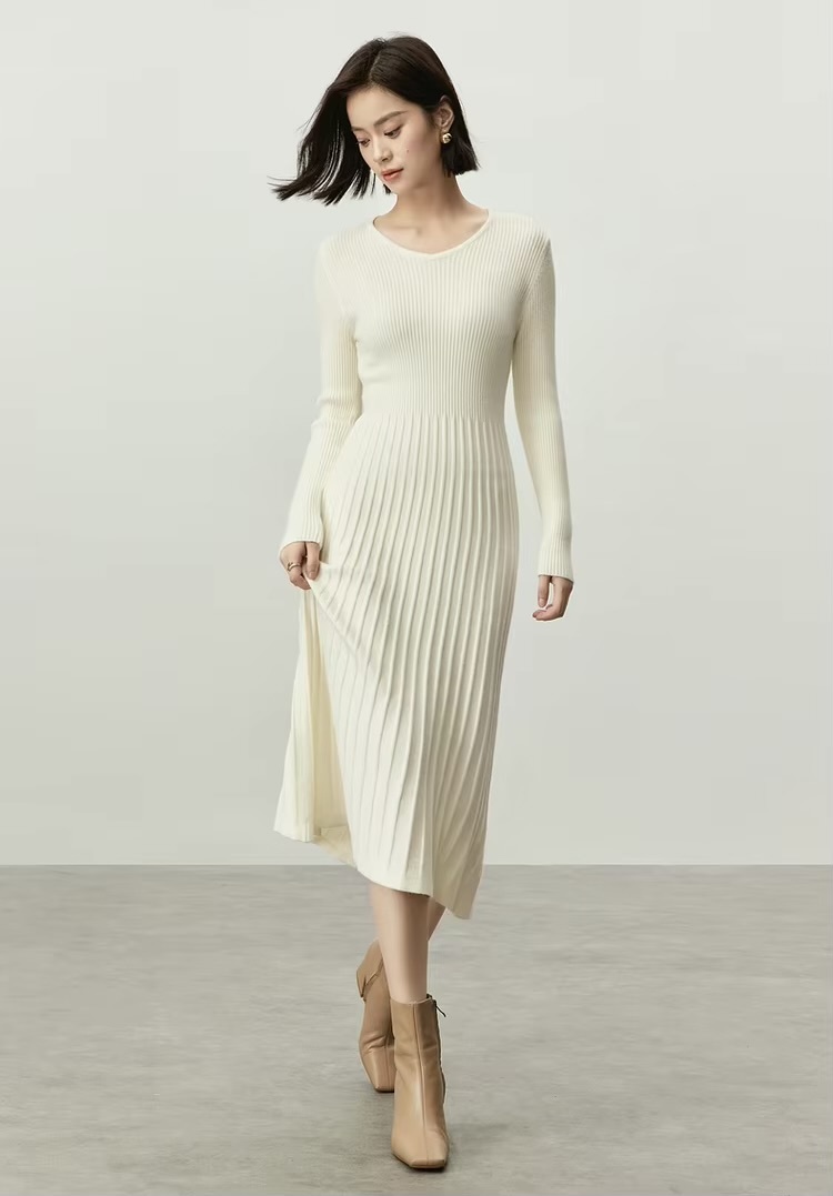 V-Neck Rib Knit Dress    Women’s solid knitted natural retract waist long sleeves comfort mid-calf ribbed pleated midi dresses for woman in apricot white Winter womans petite-, plus-, size pleats office wfh workwear vacation getaway holiday party clothing #W44L57207
