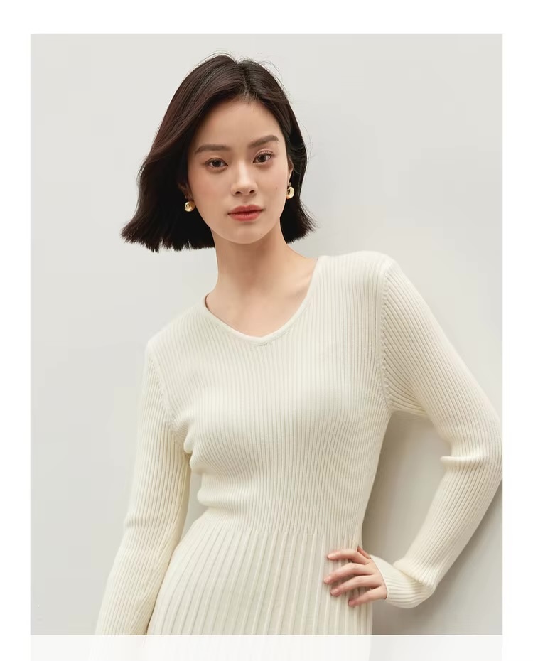 V-Neck Rib Knit Dress    Women’s solid knitted natural retract waist long sleeves comfort mid-calf ribbed pleated midi dresses for woman in apricot white Winter womans petite-, plus-, size pleats office wfh workwear vacation getaway holiday party clothing #W44L57207