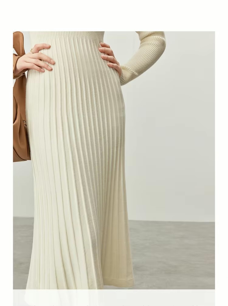 V-Neck Rib Knit Dress    Women’s solid knitted natural retract waist long sleeves comfort mid-calf ribbed pleated midi dresses for woman in apricot white Winter womans petite-, plus-, size pleats office wfh workwear vacation getaway holiday party clothing #W44L57207