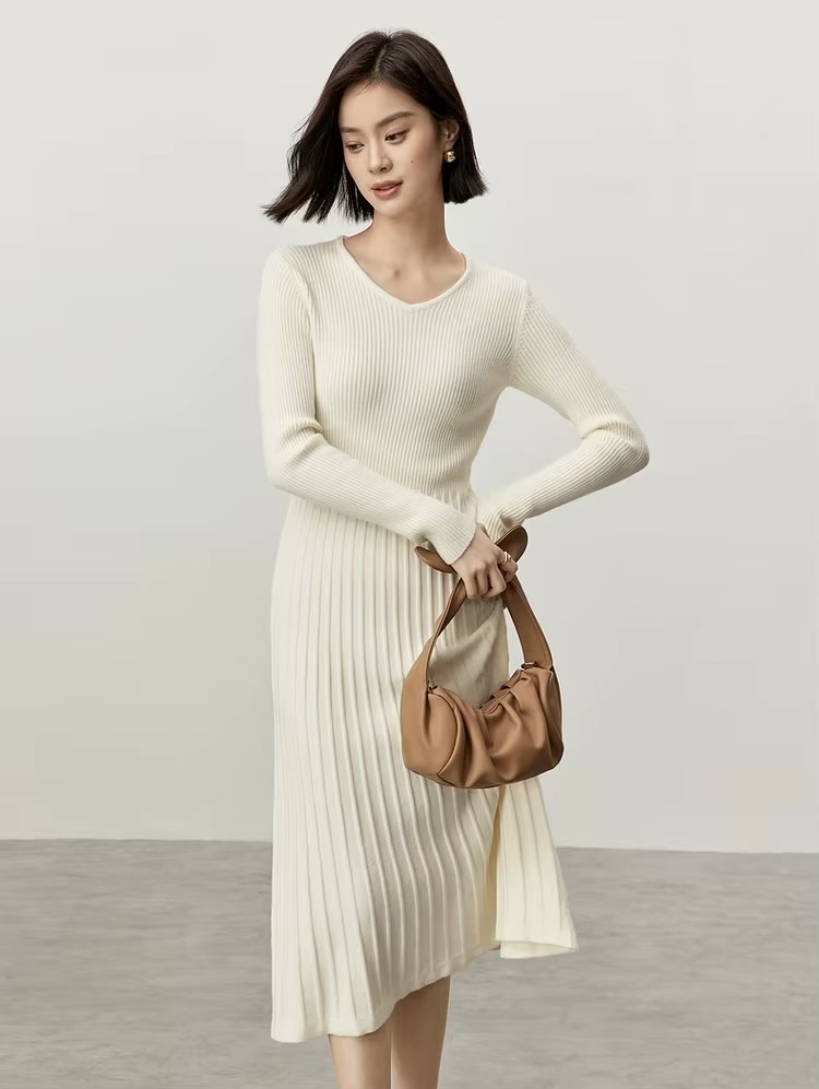 V-Neck Rib Knit Dress    Women’s solid knitted natural retract waist long sleeves comfort mid-calf ribbed pleated midi dresses for woman in apricot white Winter womans petite-, plus-, size pleats office wfh workwear vacation getaway holiday party clothing #W44L57207