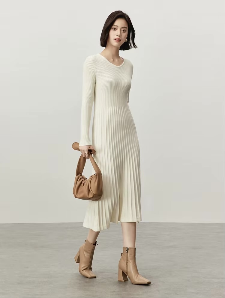V-Neck Rib Knit Dress    Women’s solid knitted natural retract waist long sleeves comfort mid-calf ribbed pleated midi dresses for woman in apricot white Winter womans petite-, plus-, size pleats office wfh workwear vacation getaway holiday party clothing #W44L57207