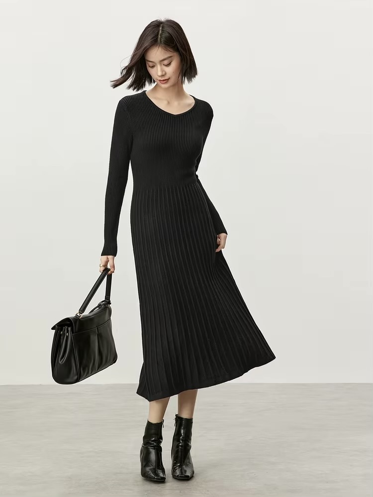 V-Neck Rib Knit Dress black    Women’s solid knitted natural retract waist long sleeves comfort mid-calf ribbed pleated midi dresses for woman Winter womans petite-, plus-, size pleats office wfh workwear vacation getaway holiday party clothing #W44L57207