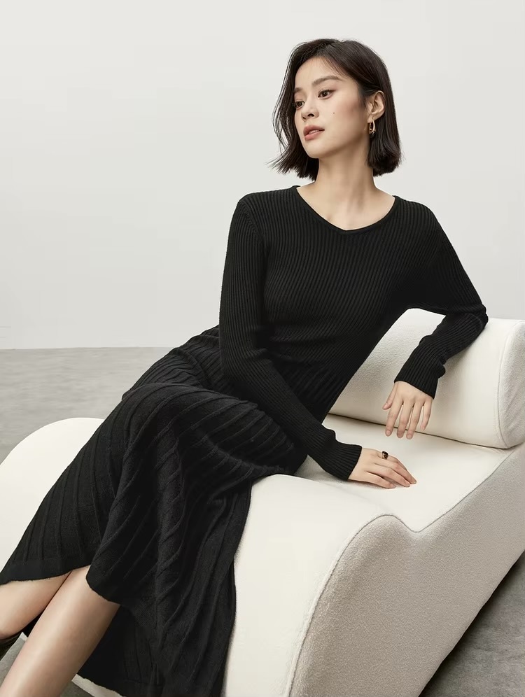 V-Neck Rib Knit Dress black    Women’s solid knitted natural retract waist long sleeves comfort mid-calf ribbed pleated midi dresses for woman Winter womans petite-, plus-, size pleats office wfh workwear vacation getaway holiday party clothing #W44L57207