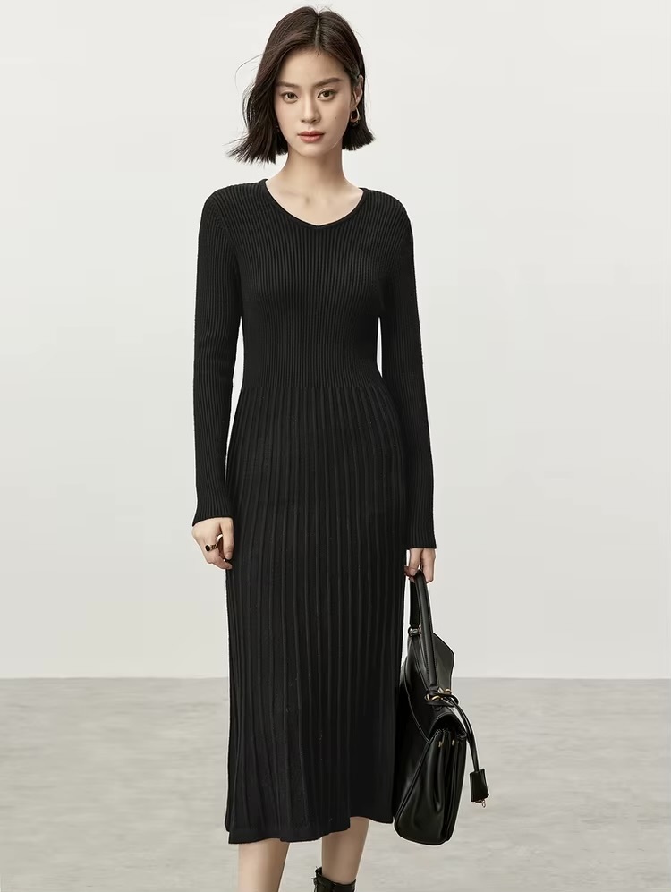 V-Neck Rib Knit Dress black    Women’s solid knitted natural retract waist long sleeves comfort mid-calf ribbed pleated midi dresses for woman Winter womans petite-, plus-, size pleats office wfh workwear vacation getaway holiday party clothing #W44L57207