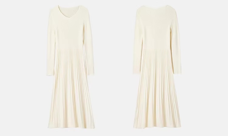 V-Neck Rib Knit Dress    Women’s solid knitted natural retract waist long sleeves comfort mid-calf ribbed pleated midi dresses for woman in apricot white Winter womans petite-, plus-, size pleats office wfh workwear vacation getaway holiday party clothing #W44L57207