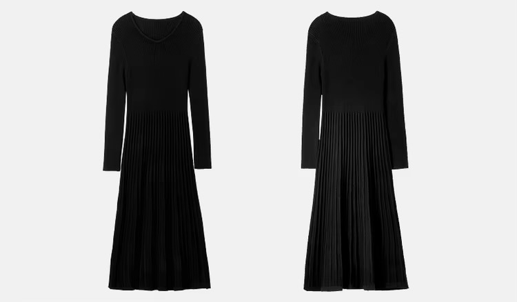V-Neck Rib Knit Dress black    Women’s solid knitted natural retract waist long sleeves comfort mid-calf ribbed pleated midi dresses for woman Winter womans petite-, plus-, size pleats office wfh workwear vacation getaway holiday party clothing #W44L57207