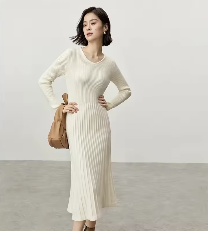 V-Neck Rib Knit Dress    Women’s solid knitted natural retract waist long sleeves comfort mid-calf ribbed pleated midi dresses for woman in apricot white Winter womans petite-, plus-, size pleats office wfh workwear vacation getaway holiday party clothing #W44L57207