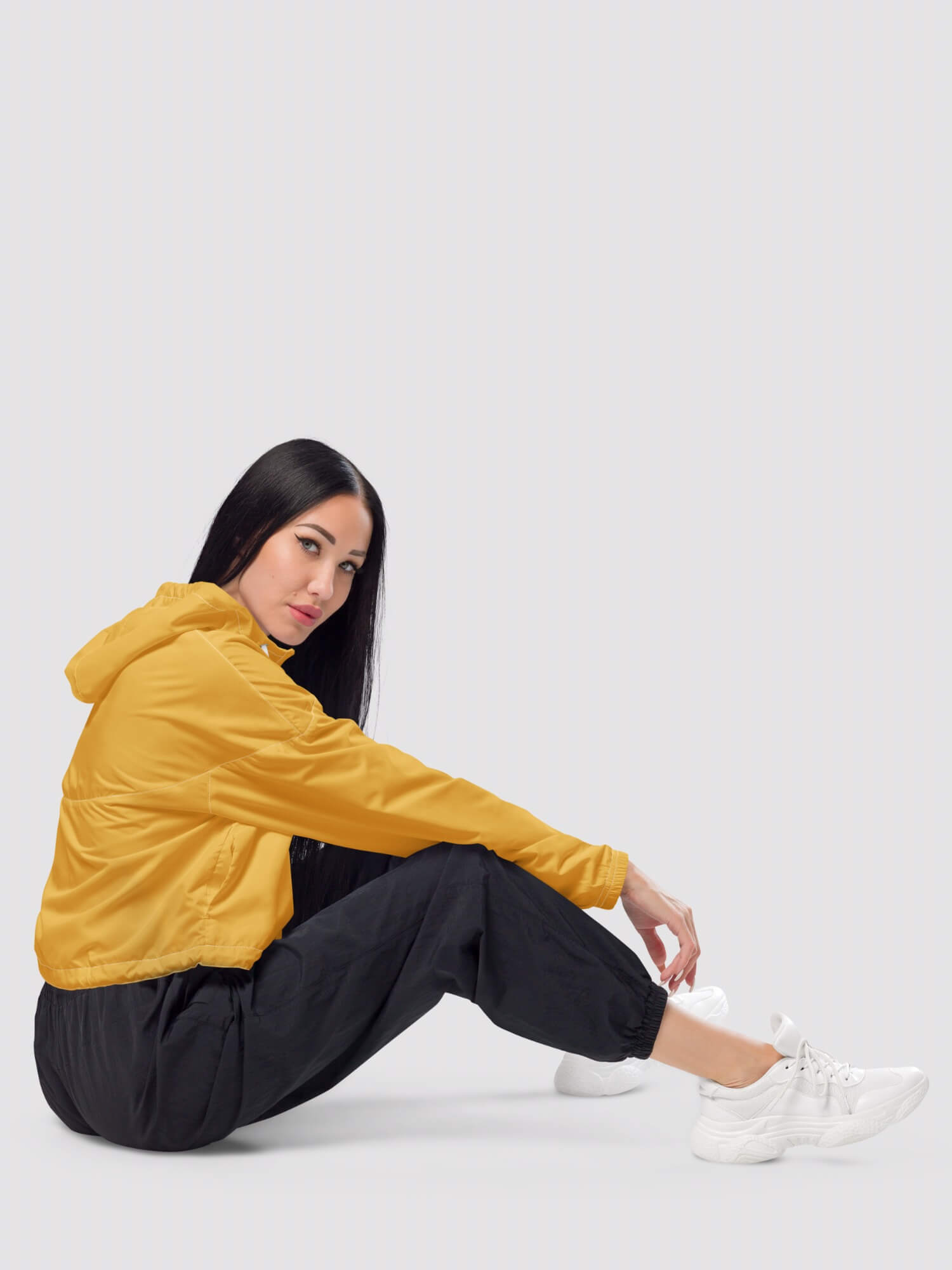 Cropped Windbreaker   Women’s long sleeves drawcord hooded jackets for woman in mustard yellow Womens petite-, tall-, plus-, size hoodie windbreakers Sports fitness running jogging outerwear 