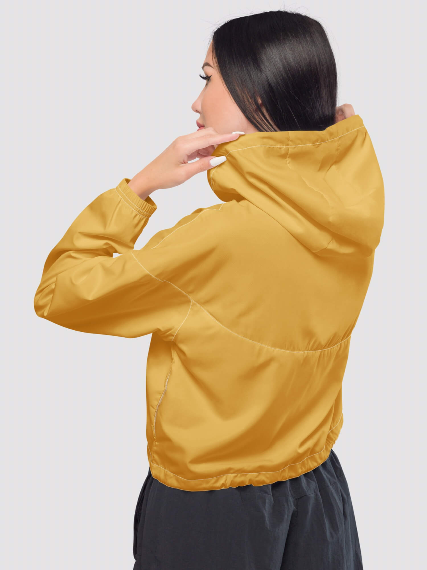 Cropped Windbreaker   Women’s long sleeves drawcord hooded jackets for woman in mustard yellow Womens petite-, tall-, plus-, size hoodie windbreakers Sports fitness running jogging outerwear 