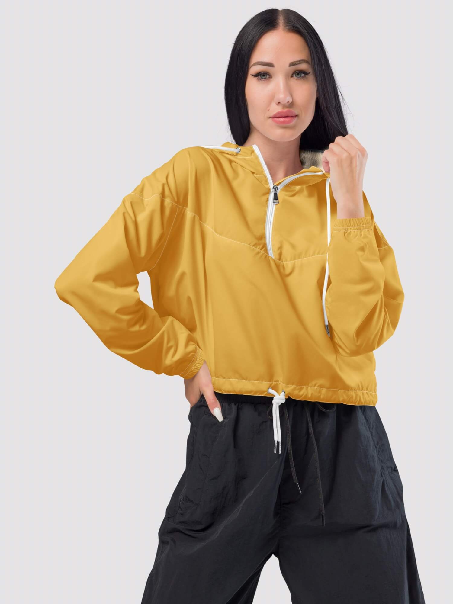 Cropped Windbreaker   Women’s long sleeves drawcord hooded jackets for woman in mustard yellow Womens petite-, tall-, plus-, size hoodie windbreakers Sports fitness running jogging outerwear 