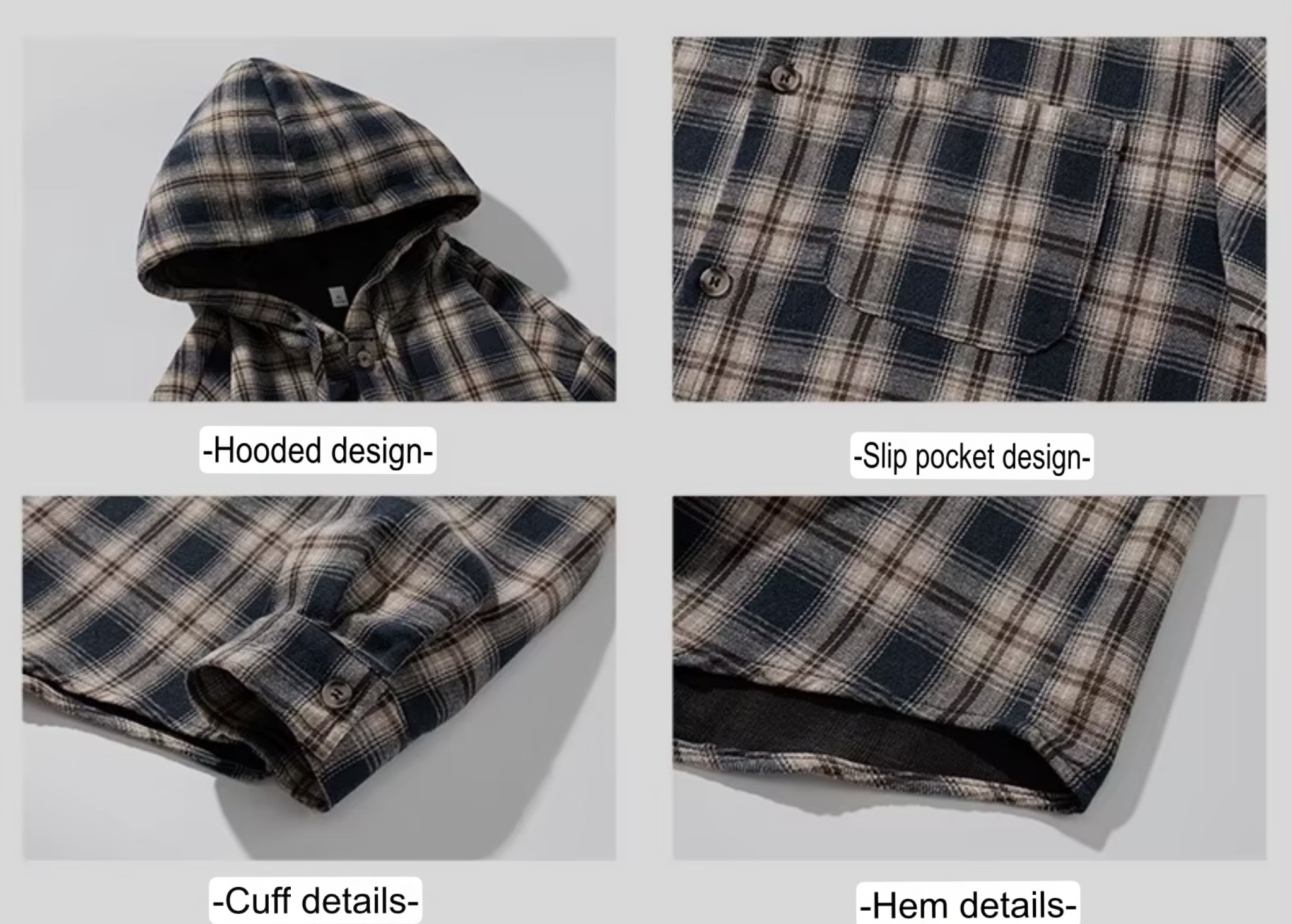 Men’s man mens petite-, tall-, plus-, size Retro patterned hooded long-sleeved shirt for men - spring/autumn new style - American casual loose-fit couple's Daily Commute wfh workwear hooded Shirt Jacket hoodie Shirts Tops in dark navy blue with khaki brown white accent color