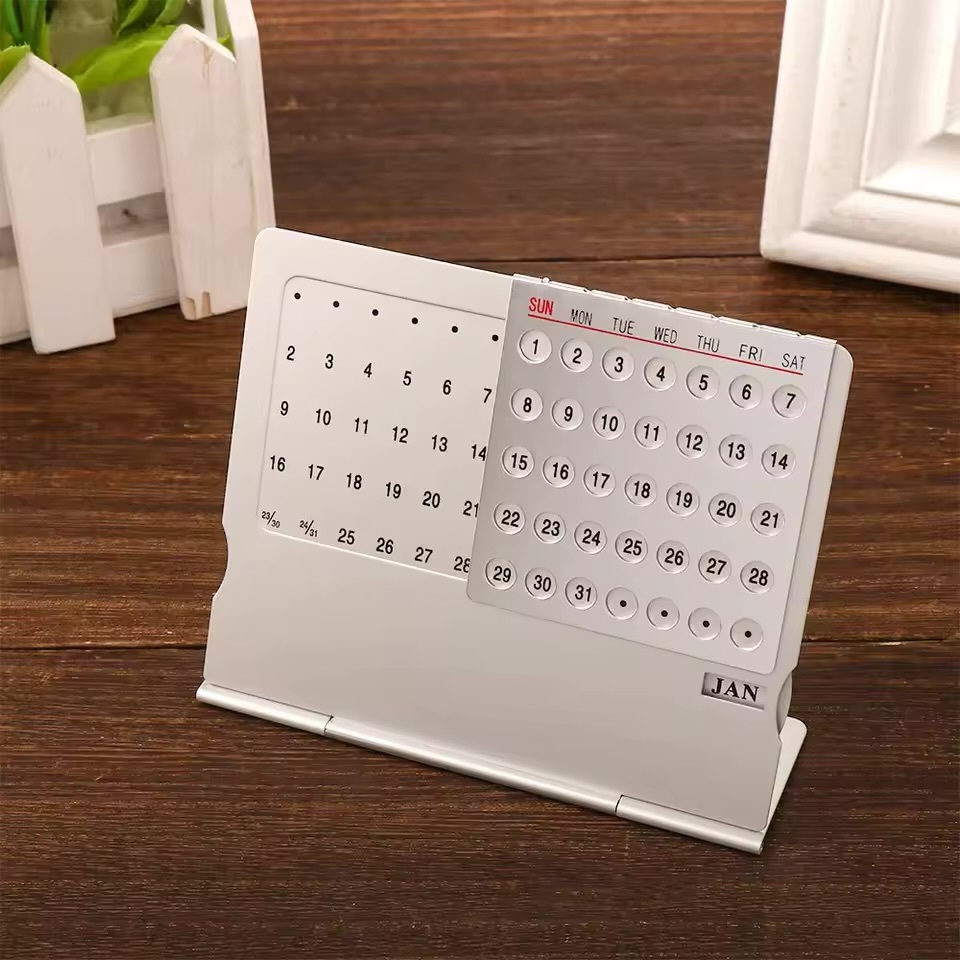 Light Luxury High-quality Elegant home study-, living-, room, office metal upright standing, manual 100 years perpetual desk calendar supplies accessories Work accessory in silver gray grey