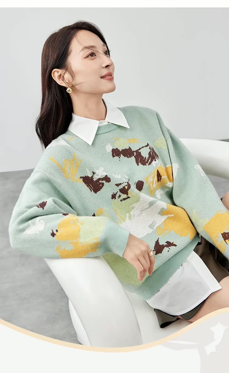 Crewneck Art Knit Sweater     Women’s Comfort knitted pullovers casual loose long sleeves dropped shoulders and rib banded cuffs Artistic Jacquard round ribbed band O-neck sweaters for woman in green with multi graphic design Winter womens French look rib hem knit crew neck Jumpers #W43E56593