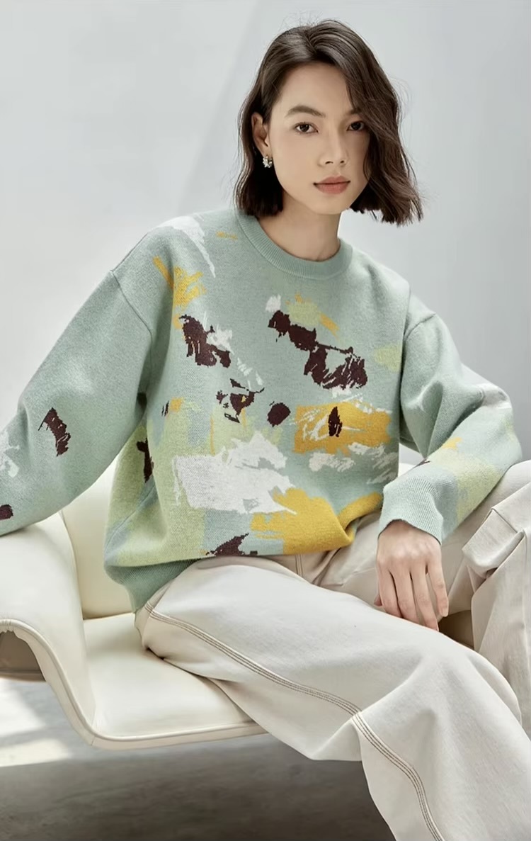 Crewneck Art Knit Sweater     Women’s Comfort knitted pullovers casual loose long sleeves dropped shoulders and rib banded cuffs Artistic Jacquard round ribbed band O-neck sweaters for woman in green with multi graphic design Winter womens French look rib hem knit crew neck Jumpers #W43E56593