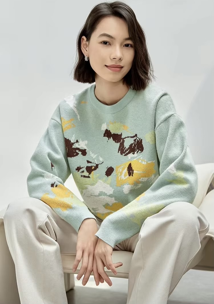 Crewneck Art Knit Sweater     Women’s Comfort knitted pullovers casual loose long sleeves dropped shoulders and rib banded cuffs Artistic Jacquard round ribbed band O-neck sweaters for woman in green with multi graphic design Winter womens French look rib hem knit crew neck Jumpers #W43E56593