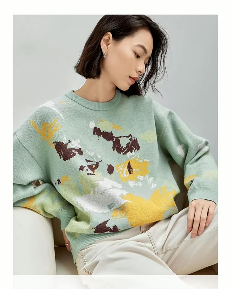 Crewneck Art Knit Sweater     Women’s Comfort knitted pullovers casual loose long sleeves dropped shoulders and rib banded cuffs Artistic Jacquard round ribbed band O-neck sweaters for woman in green with multi graphic design Winter womens French look rib hem knit crew neck Jumpers #W43E56593