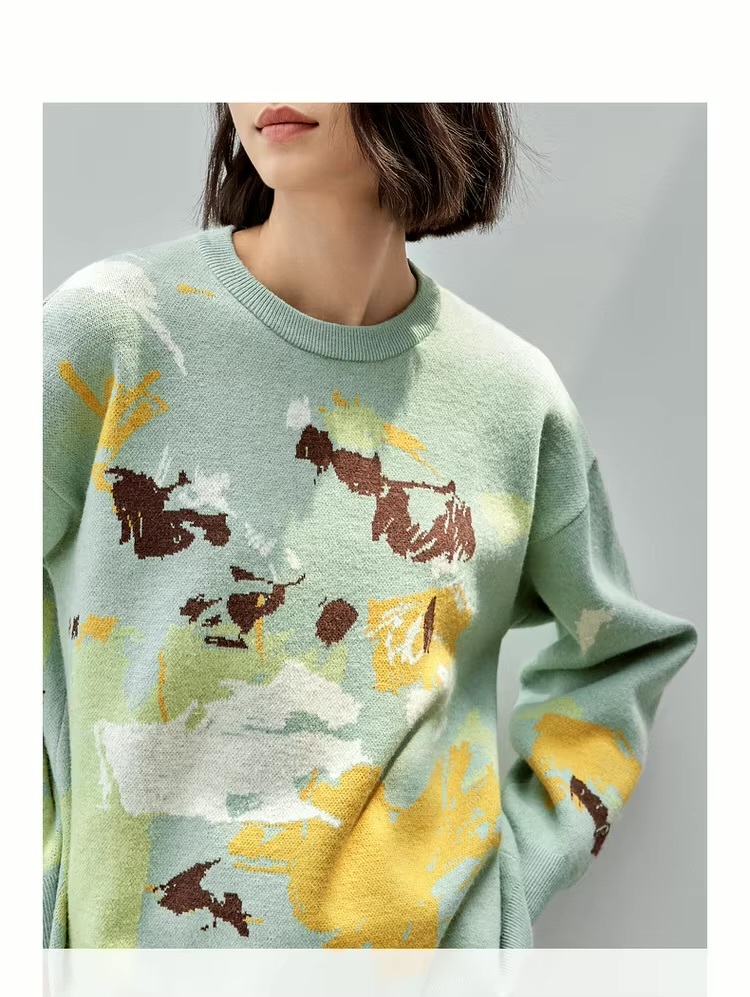 Crewneck Art Knit Sweater     Women’s Comfort knitted pullovers casual loose long sleeves dropped shoulders and rib banded cuffs Artistic Jacquard round ribbed band O-neck sweaters for woman in green with multi graphic design Winter womens French look rib hem knit crew neck Jumpers #W43E56593
