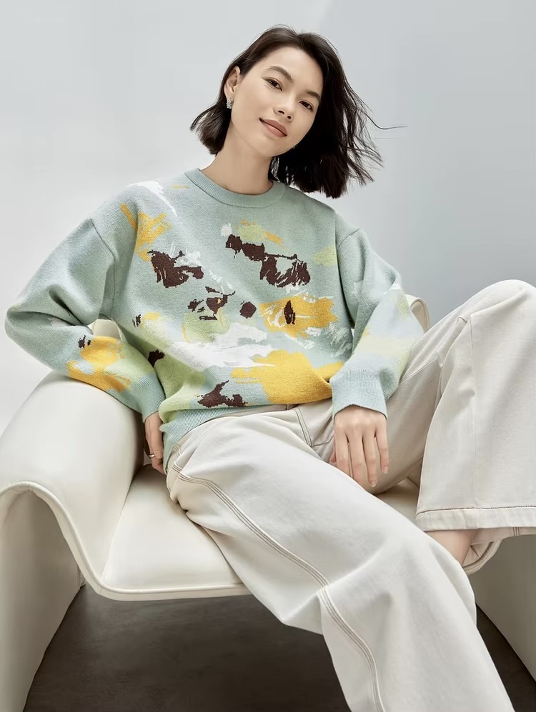 Crewneck Art Knit Sweater     Women’s Comfort knitted pullovers casual loose long sleeves dropped shoulders and rib banded cuffs Artistic Jacquard round ribbed band O-neck sweaters for woman in green with multi graphic design Winter womens French look rib hem knit crew neck Jumpers #W43E56593