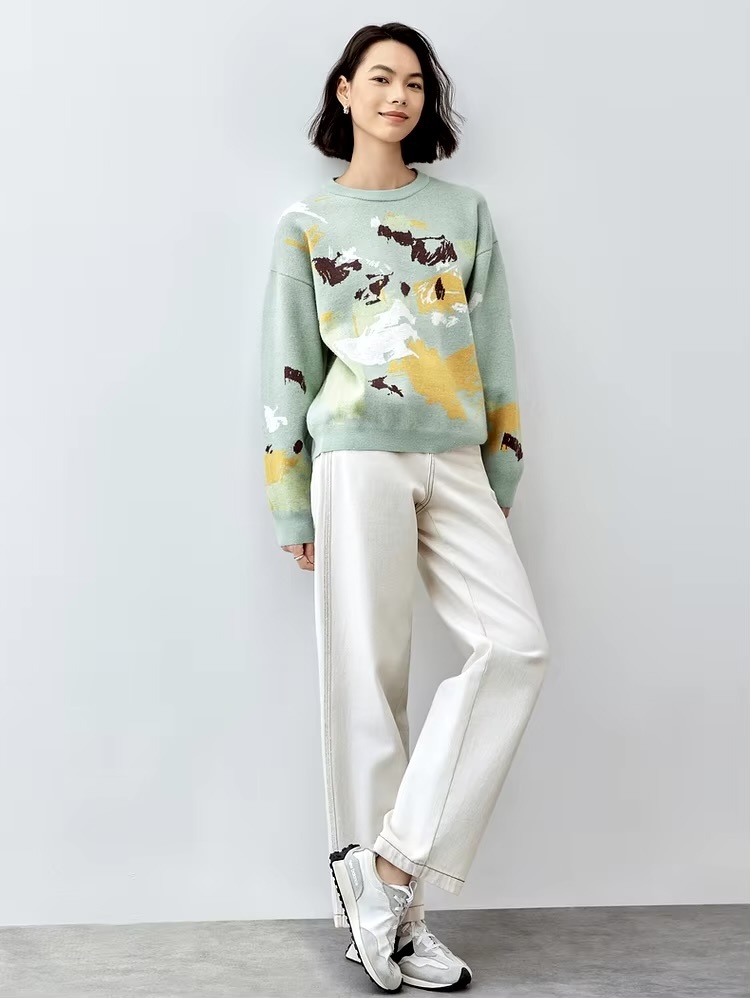 Crewneck Art Knit Sweater     Women’s Comfort knitted pullovers casual loose long sleeves dropped shoulders and rib banded cuffs Artistic Jacquard round ribbed band O-neck sweaters for woman in green with multi graphic design Winter womens French look rib hem knit crew neck Jumpers #W43E56593