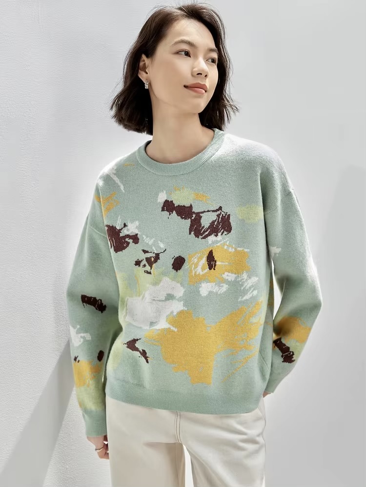 Crewneck Art Knit Sweater     Women’s Comfort knitted pullovers casual loose long sleeves dropped shoulders and rib banded cuffs Artistic Jacquard round ribbed band O-neck sweaters for woman in green with multi graphic design Winter womens French look rib hem knit crew neck Jumpers #W43E56593