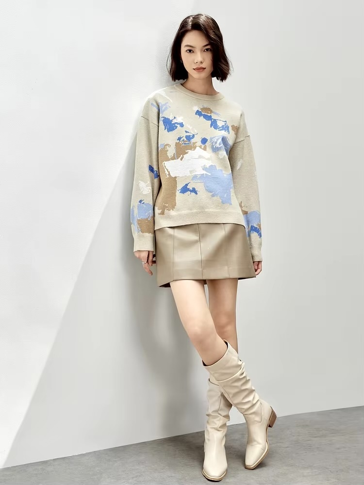 Crewneck Art Knit Sweater     Women’s Comfort knitted pullovers casual loose long sleeves dropped shoulders and rib banded cuffs Artistic Jacquard round ribbed band O-neck sweaters for woman in arprict coffee with multi graphic design Winter womens French look rib hem knit crew neck Jumpers #W43E56593