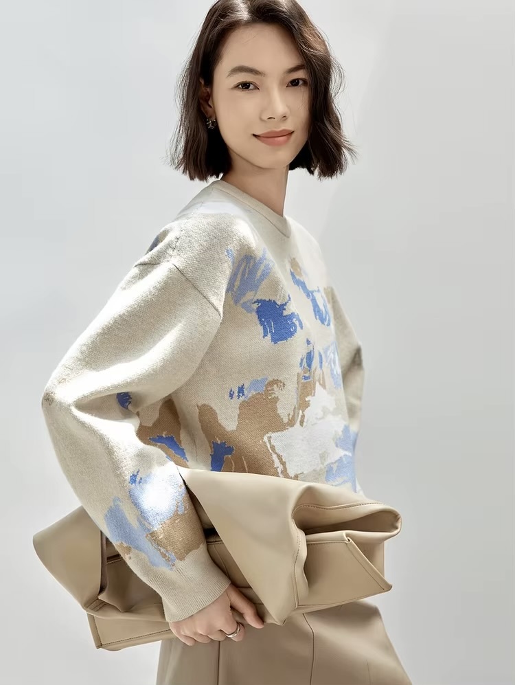 Crewneck Art Knit Sweater     Women’s Comfort knitted pullovers casual loose long sleeves dropped shoulders and rib banded cuffs Artistic Jacquard round ribbed band O-neck sweaters for woman in arprict coffee with multi graphic design Winter womens French look rib hem knit crew neck Jumpers #W43E56593