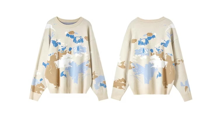 Crewneck Art Knit Sweater     Women’s Comfort knitted pullovers casual loose long sleeves dropped shoulders and rib banded cuffs Artistic Jacquard round ribbed band O-neck sweaters for woman in arprict coffee with multi graphic design Winter womens French look rib hem knit crew neck Jumpers #W43E56593