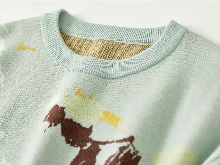 Crewneck Art Knit Sweater     Women’s Comfort knitted pullovers casual loose long sleeves dropped shoulders and rib banded cuffs Artistic Jacquard round ribbed band O-neck sweaters for woman in green with multi graphic design Winter womens French look rib hem knit crew neck Jumpers #W43E56593
