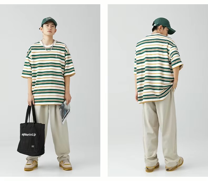 Men’s man mens petite-, tall-, plus-, size Japanese-style clothing. Trendy retro color-blocked striped loose-fitting versatile short half sleeves with drop shoulder embroidered graphic logo crewneck, Summer Crew Neck Loose Street Fashion Breathable embroidery round O-neck Casual Pullover T-Shirt Tops T-Shirts in green with multi accent color