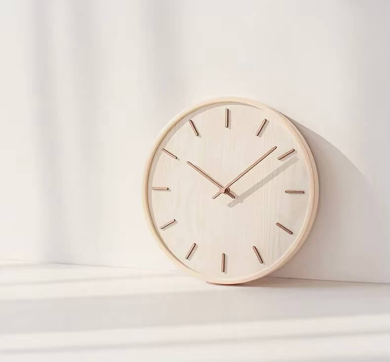 Japanese-style Bamboo wooden household mute silent living room bedroom simple modern decorative watch round wooden quartz clocks in light brown wood